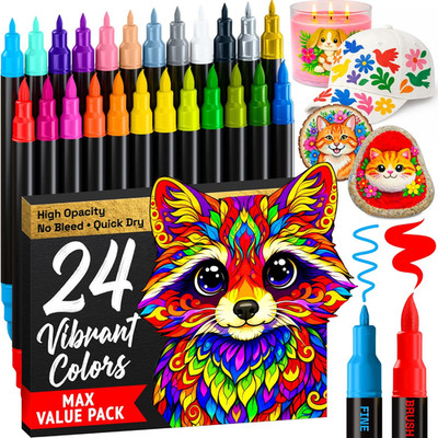 24 Acrylic Paint Markers - Paint Pens for Drawing, Brush + Fine Tips - for Fabri
