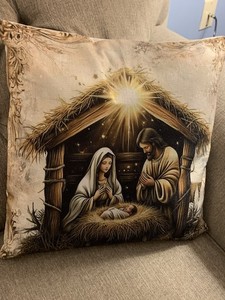 NATIVITY SCENE MANGER Christmas Linen Throw Pillow Cover Winter Holiday Decor