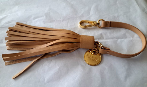 Steve Madden Leather Tassel Luggage Tag Keychain with Charm, Tan Leather