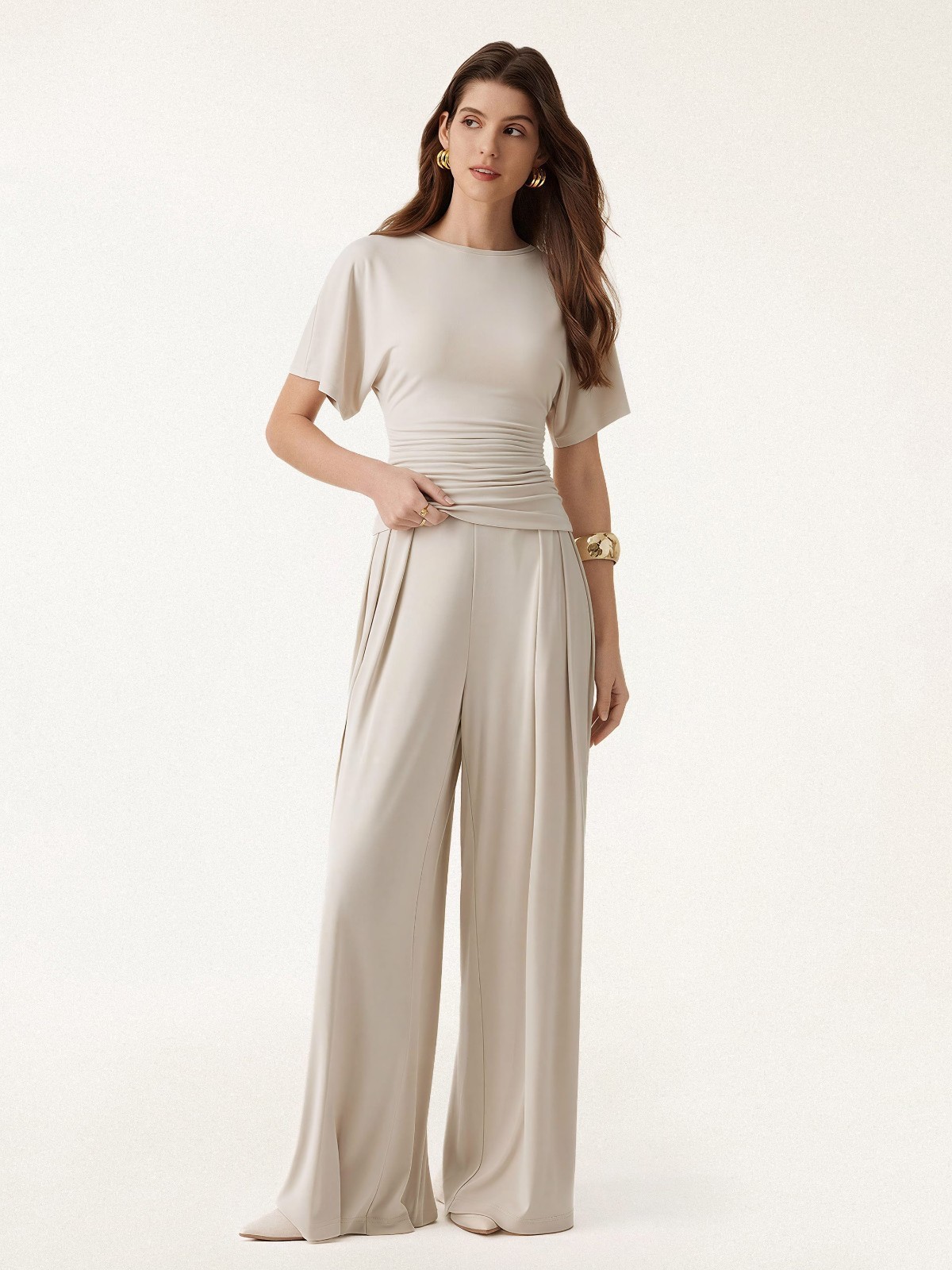 Ogl 2Pcs Set Boatneck Batwing Sleeve Top & Wide Leg Palazzo Pants with Pockets