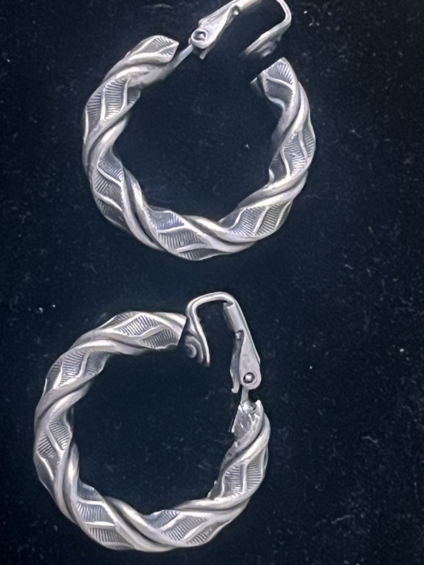 Vintage Sterling Silver Etched Rope Twist Hoop Earrings
