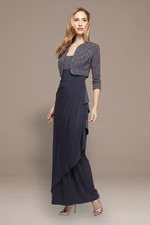 ALEX EVENINGS 2pc Set Smoke Jacquard Glitter Empire Maxi Gown Dress Jacket 12
