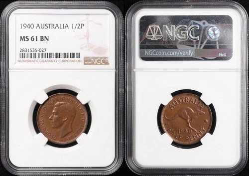 AUSTRALIA 1940 KGVI ½d. NGC graded MS61BN.
