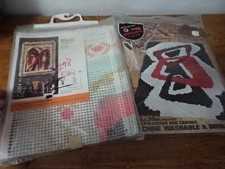 Lot 2 Vtg Latch Hook Rug Patterns/w/stamped canvas-Bernat Red Heart-Abstract