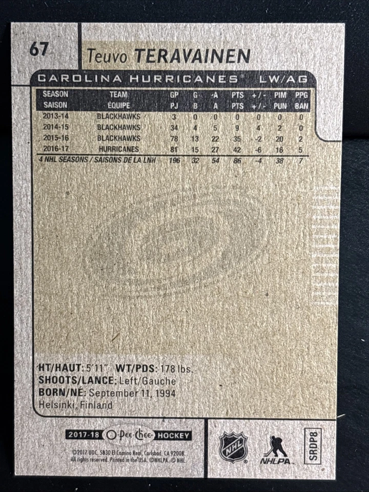 2017-18 17/18 O-Pee-Chee #67 Teuvo Teravainen Carolina Hurricanes - Image 2 of 2
