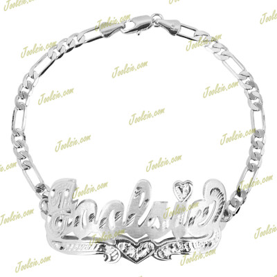 PERSONALIZED SILVER FIGARO/CUBAN/FLAT LINK DOUBLE 3D NAME PLATE BRACELET LD