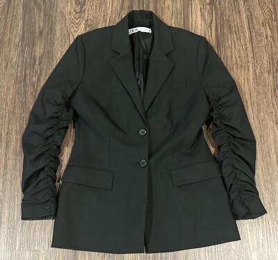 Zara Gathered Sleeves Black Tailored Fitted Blazer Two Button