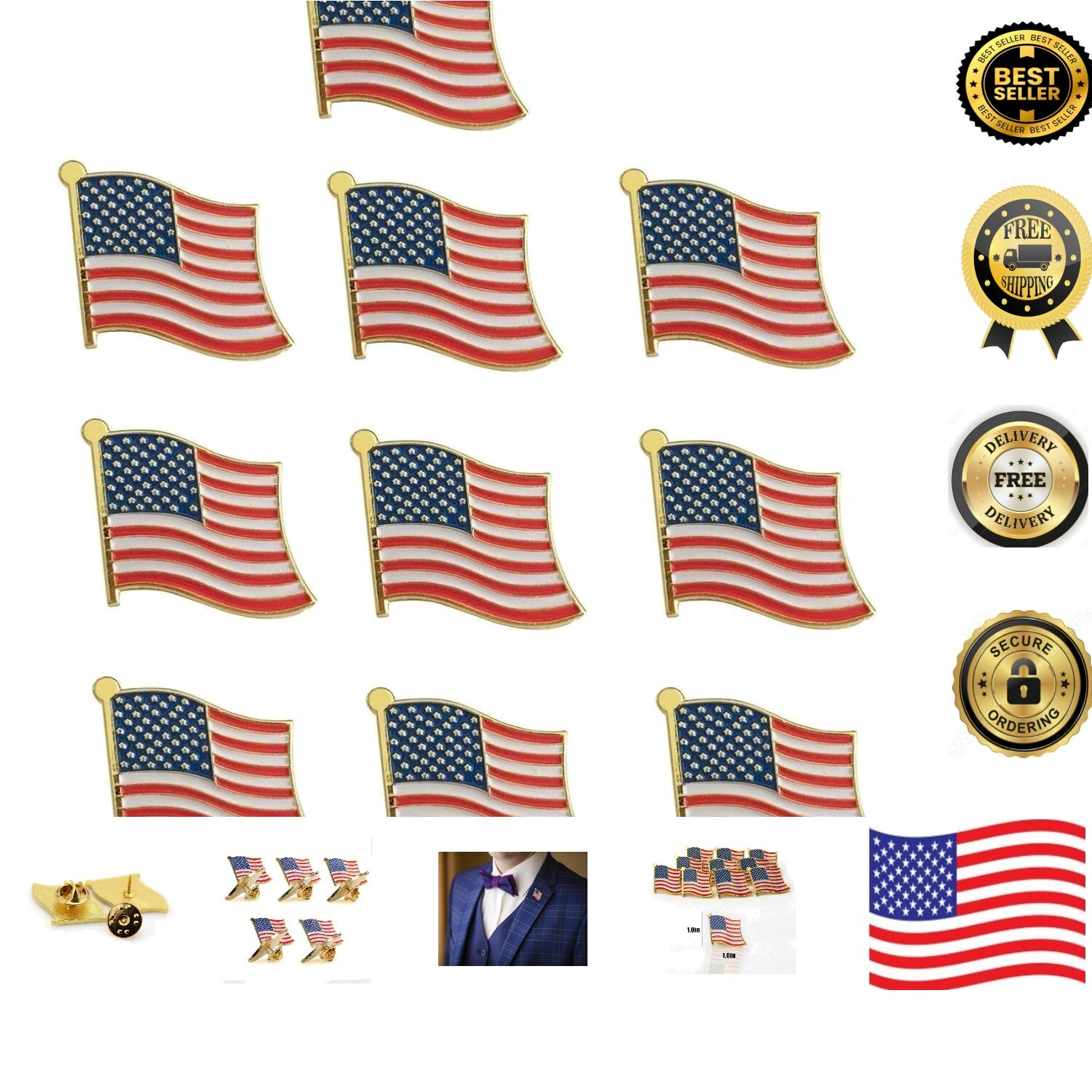Gold American Flag Pins - Set of 10 Lapel Pins for National Celebrations