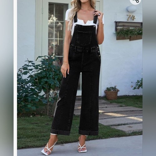 Vetinee Women Black Denim Overalls Loose Fit Wide Leg Size XXL Y2K - Picture 4 of 4