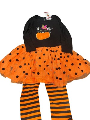 Counting Daisies Girls Pumpkin Black Cat Tutu Dress Striped Leggings Sz 8 NEW