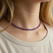 Dainty 2-3MM Amethyst Faceted Round Gemstone Beads Women Choker Necklaces 18''