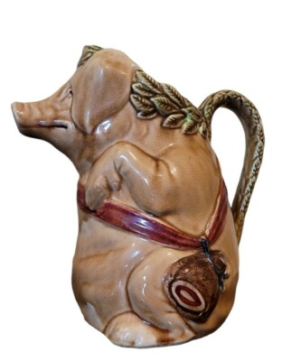 Antique French Barbotine Majolica Cochon Au Jambon Pig Pitcher by Frie Onnaing 