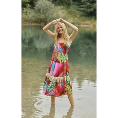 NWT $230 FARM RIO PALILA FRINGED PRINTED MIDI DRESS SIZE S Petite Tropical Boho