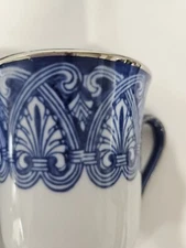 Bombay Co Cups Coffee Tea Cobalt Blue White Arabasque Tile Platinum Trim 6 set
