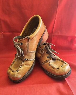 VTG 70s Leather Wooden Platform Wedge Shoes By AMAPA Stage Prop Halloween 