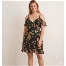 Urban Outfitters Mini Dress Womens Large Black Floral Cold Shoulder Ruffle NEW