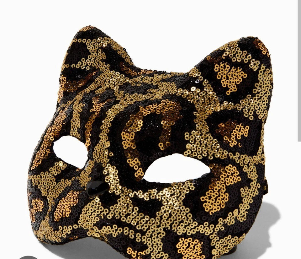 HALF FACE SEQUIN LEOPARD COSTUME MASK IN GOLD AND BLACK NWT - Image 2 of 4