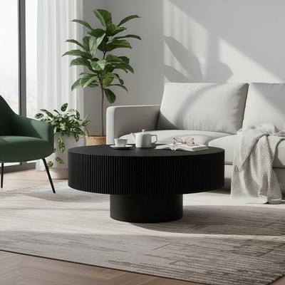 Round Coffee Table with Grooves Featuring a Sturdy Base Includes Tabletop 