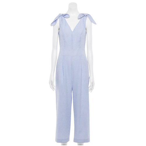 Elle Bow-Shoulder Boho Striped Seersucker Jumpsuit Women SZ L Blue White NWT