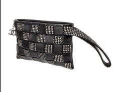 RARE CHANEL Leather Woven Strass Black Checkered Clutch Wristlet Vintage Evening