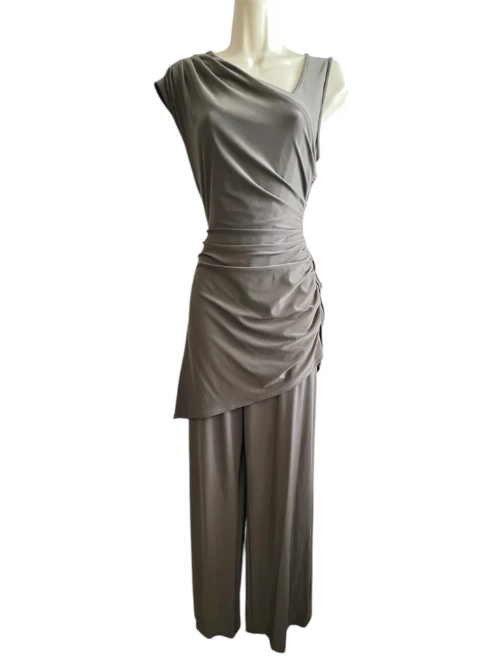 Macacão Joseph Ribkoff bege em camadas assimétrico calça lateral franzida tamanho 8 - Imagem 3 de 4