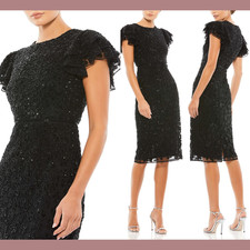 NEW Mac Duggal [ 10 ] 10827 Beaded Ruffle Sleeve Midi Cocktail Dress Black S1309