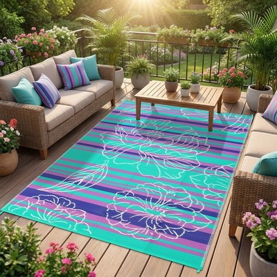 6x9 Outdoor Waterproof Rug, Floral Outdoor Area Rug，Reversible Plastic Straw ...