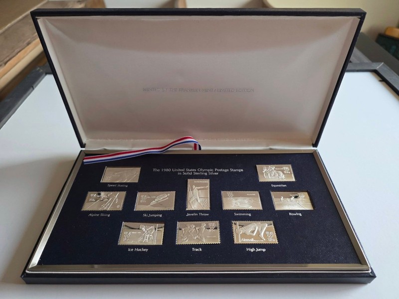 Franklin Mint 1980 United States Olympic Postage Stamps In Solid Sterling Silver
