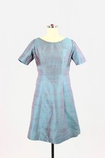 Vintage 60's Unbranded Iridescent Blue Dupioni Silk A-Line Dress, Size S