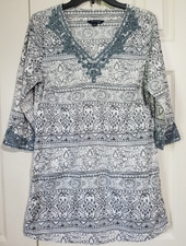 Lands' End Women Size S Gray Boho Bohemian 3/4 Sleeve Tunic Swim Cover-Up Cotton