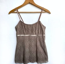 Vintage Y2K A Byer Floral Babydoll Top Womens Small Tan Fairy Coquette Lace Cami