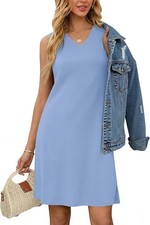 PLOKNRD Women Summer Dresses V Neck Sleeveless Casual Dress with Split