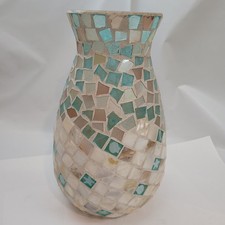 Handcrafted Mosaic Sea Glass and Shell Vase Coastal Teal Cream 9.5 Inch Decor