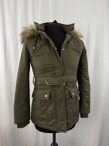 Womens Miss Selfridges Coat parka Petite Faux Fur Hooded Green Cotton Size 8 - Picture 9 of 22