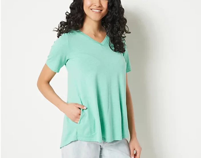 LOGO by Lori Goldstein - Vintage Wash Short Sleeve Swing Top -Mint Leaf Green 1X
