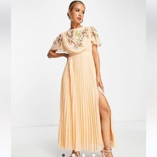 ASOS Women’s Floral Embroidered Cowl Neck Swiss Dot Pleated Maxi Dress Slit 8T