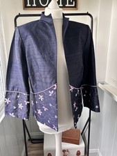 Kirsten Krog Jacket 14 Navy Blue Silk With Embroidery 3/4 Sleeves Wedding Y2k