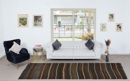 4.3x12.2 Ft Hand-Woven Vintage Striped Turkish Kilim Runner, "Flat-Weave" - Picture 2 of 5