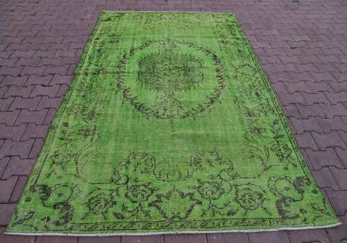 Green Area Rug Turkish Vintage Handwoven Overdyed Oushak Bedroom Carpet 5x9ft