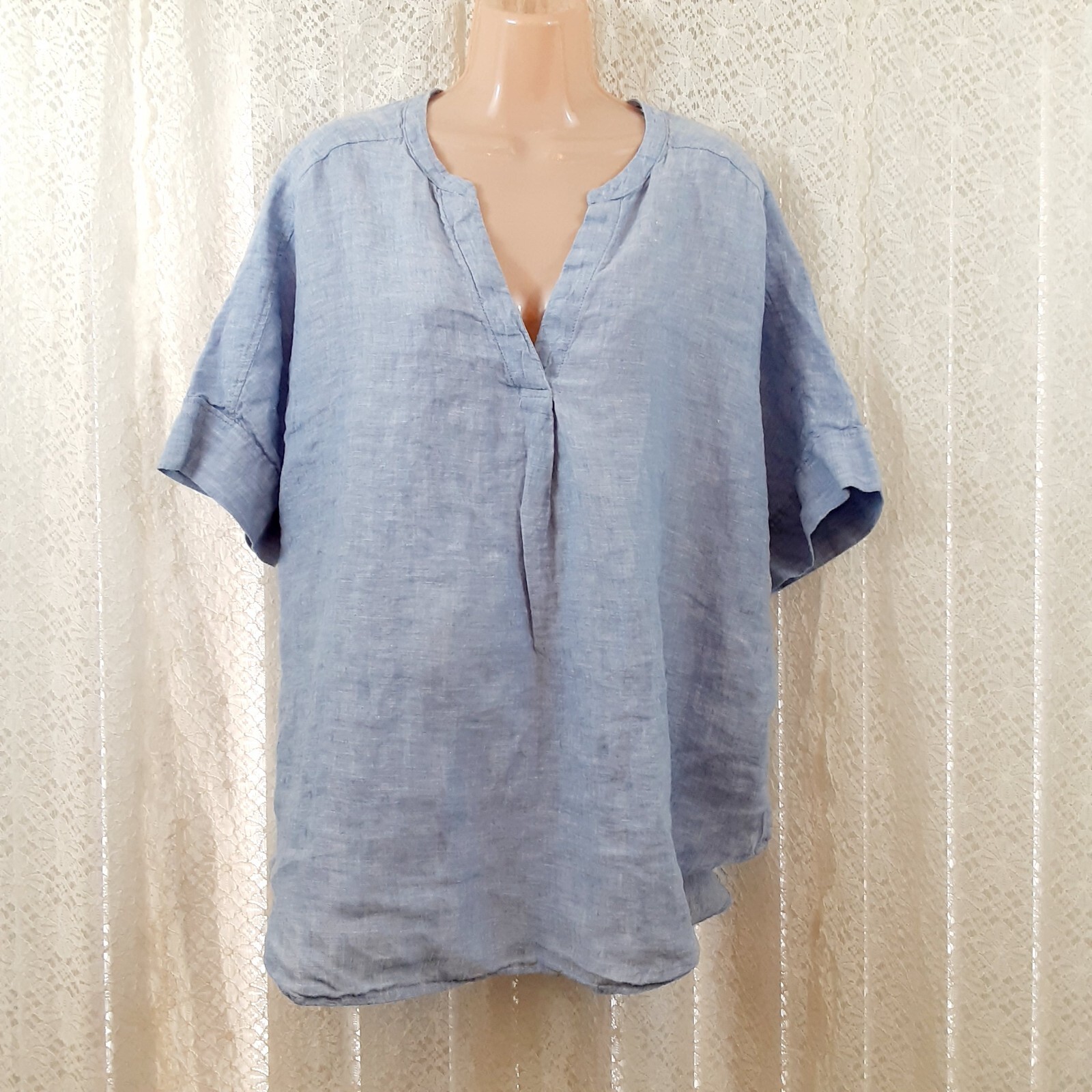 M u0026 S Pure Linen Womens Top Tunic Blouse Shirt Size 20 V Neck Blue Chambray  2 | eBay