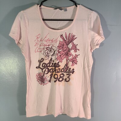 Max Brand ''Ladies Paradise 1983'' T-shirt Women's Sz L 10-12 Floral Short Sleeve