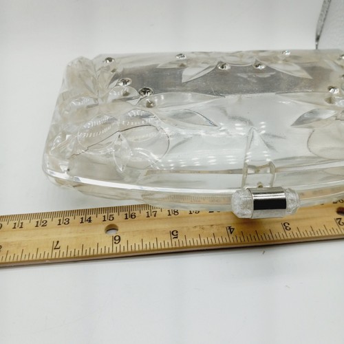 Vtg MCM Clear Lucite Clutch Carved Berries Cut Design Rhinestone Accents 7.25" - Picture 7 of 11