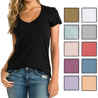 James Perse Women's Top Cotton Modal Slub Deep V Neck Cap Sleeve Tee T-Shirt