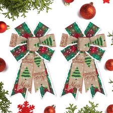 2 PCS Christmas Bows for Wreath Red Green Natural Burlap Craft Bow Ornament