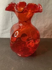 VTG Fenton Amberina Glass Vase Dot Optic Cadmium Ruffled  7 in