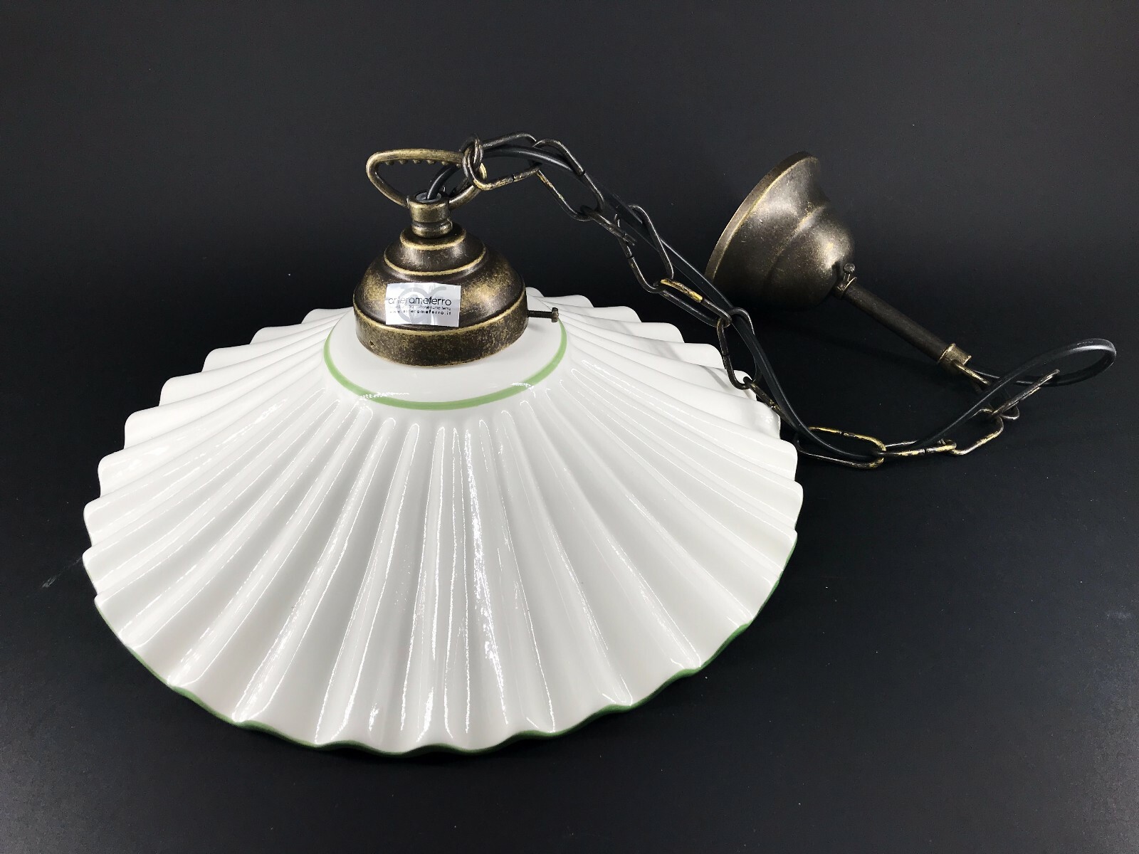Lampada Sospensione Rustica Ottone e Ceramica Bordo Verde 30cm
