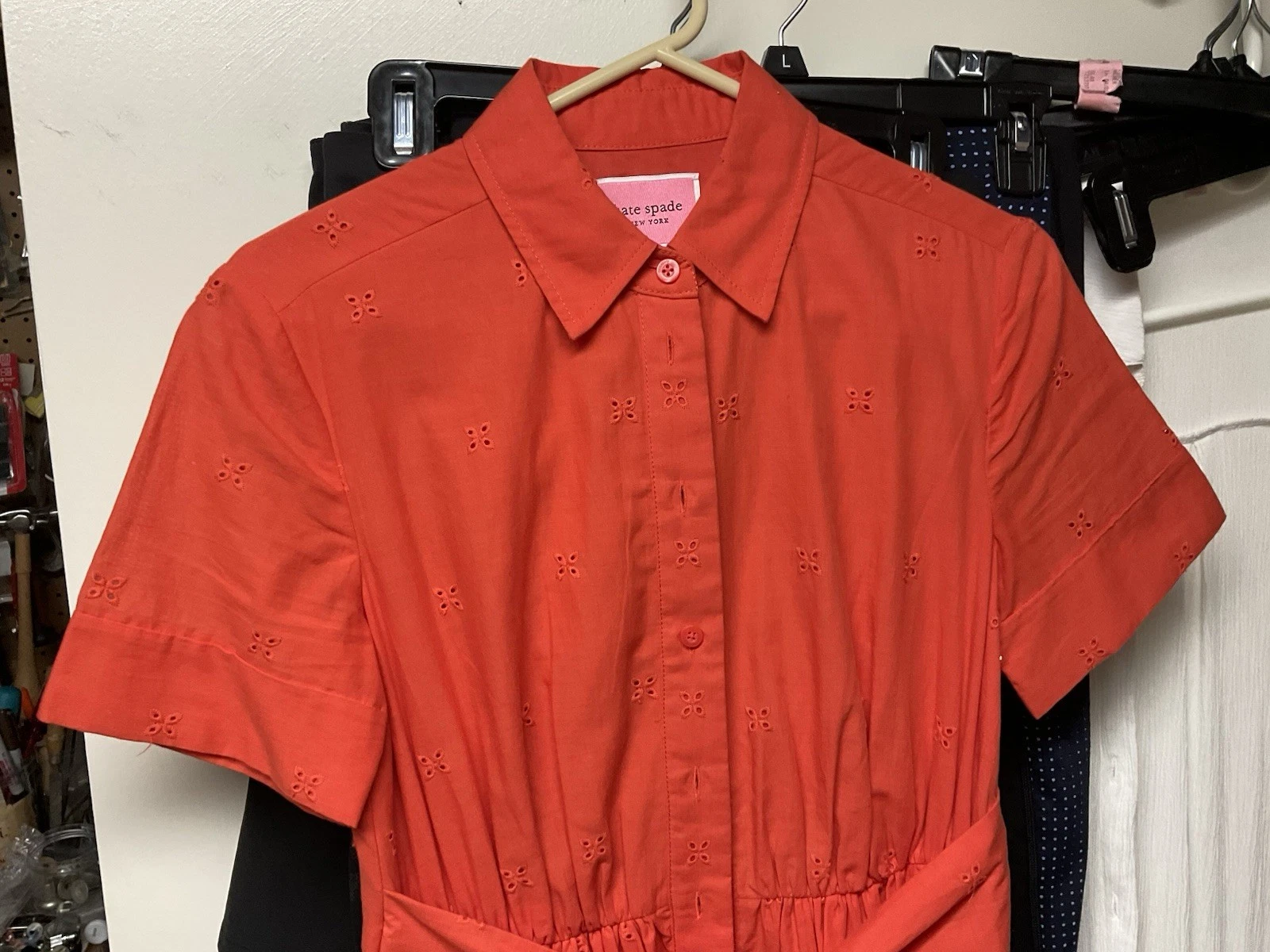 Camicia estiva Kate Spade arancione cravatta vita XS bottoni davanti midi manica corta
