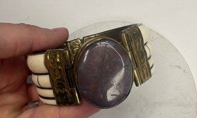 Vintage Chunky Wide Bone Cuff Bracelet With Brass Loop Beautiful Collectible