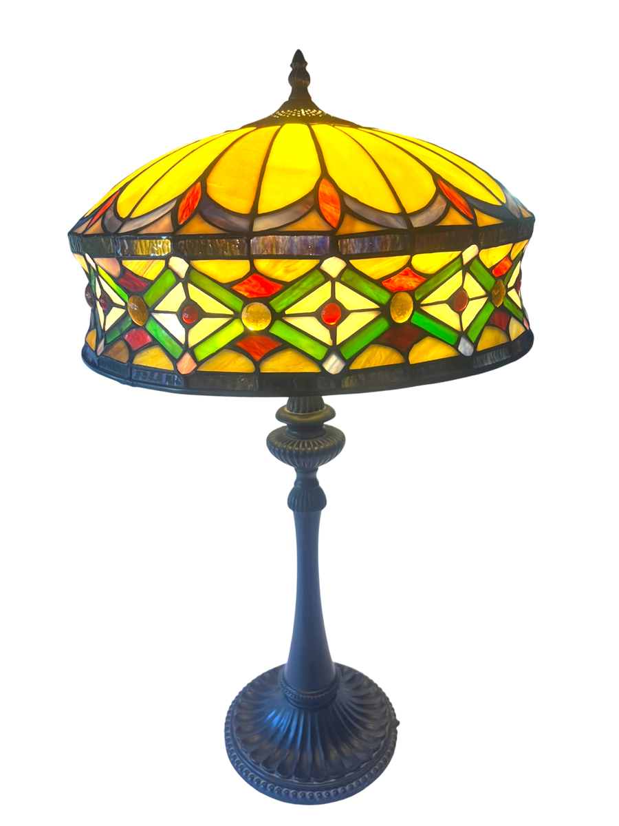 Vtg Quoizel Green Diamond Round Mission Table Lamp Tiffany Style