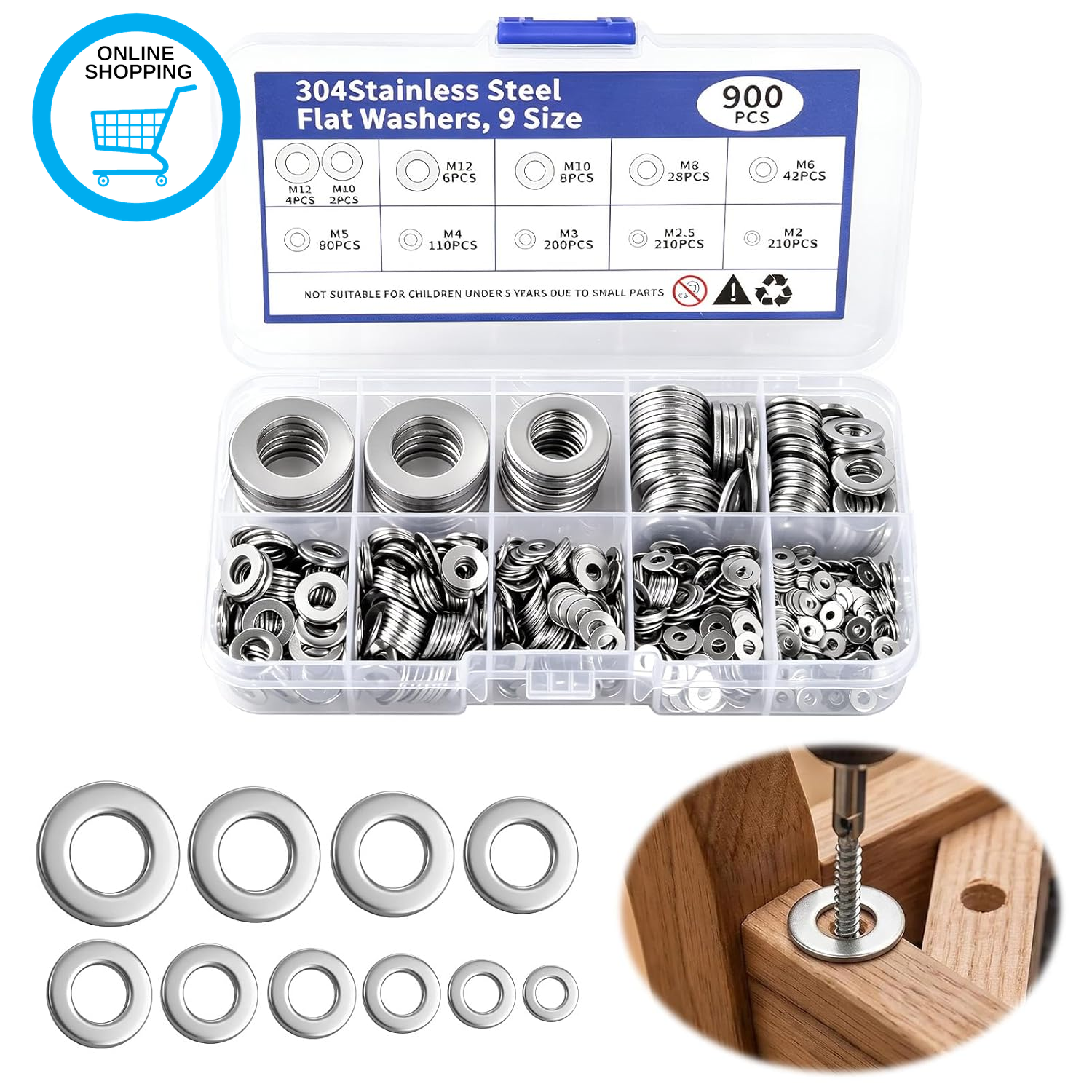 900 Pcs Washers for Screws, 9 Sizes of 304 Stainless Steel Flat Penny Washers Se